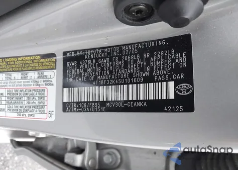 2005 Toyota Camry Le V6 from USA, damaged, VIN 4T1BF32K45U101609